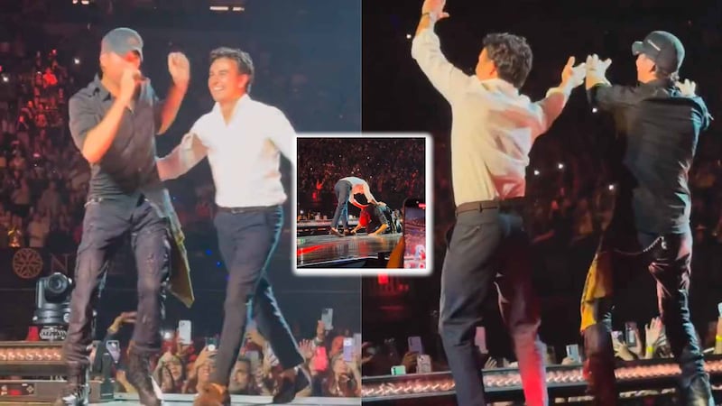 ¡A los pies de Checo! Enrique Iglesias se hincó para reverenciar a Sergio Pérez en concierto (VIDEO)