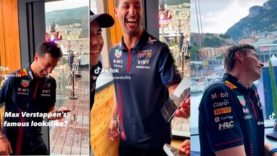 Ricciardo y Checo no aguantaron la risa con el parecido de Verstappen.