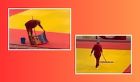 Limpiadora TRAPEA con una toalla del Barcelona y SE HACE VIRAL durante el Mundial de Lucha (VIDEO)